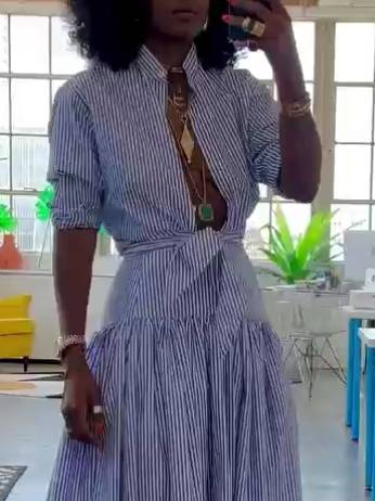 Striped Stand Collar Shirt And Skirt Suit-Shirt