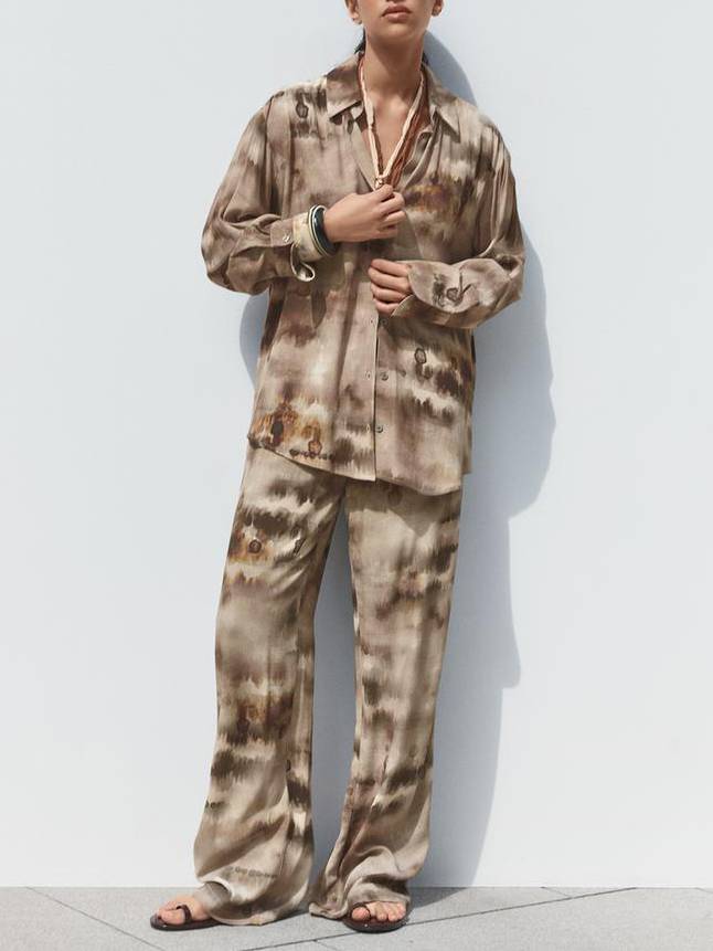 Unique Print Shirt And Wide Leg Pants Suit-Shirt