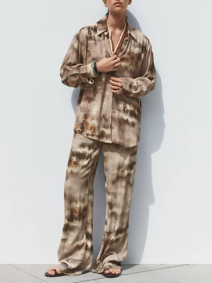 Unique Print Shirt And Wide Leg Pants Suit-Shirt
