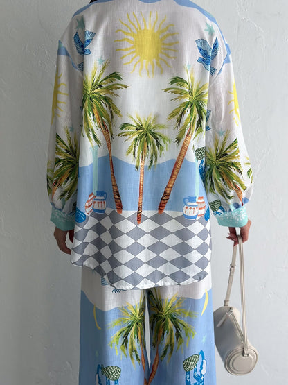 Unique Seaside Palm Tree Print Loose Button-Down Oversized Shirt