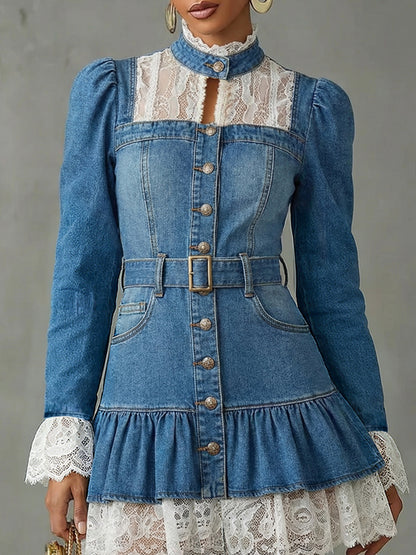 sheenchic Vacation Lace Blue Mock Neck Long Sleeve Pocket Boho Contrast Denim Mini Dresses [Pre-Order]