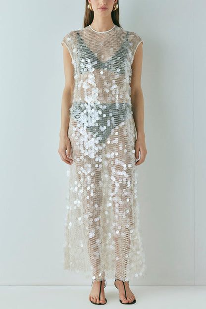 Like Gelato Sheer Large Sequin Short Sleeve Cover-up Maxi Dress