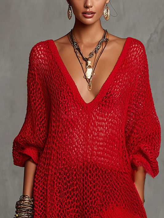 sheenchic Beach Red V Neck 3/4 Sleeve Cut Out Casual Mini Dresses [Pre-Order]