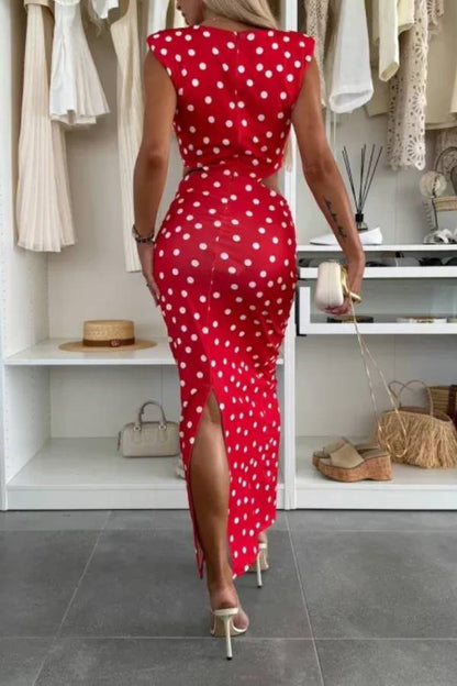 Roxane Polka Dot Print Shoulder Pad Metal Cutout Waist Slit Stretch Maxi Dress