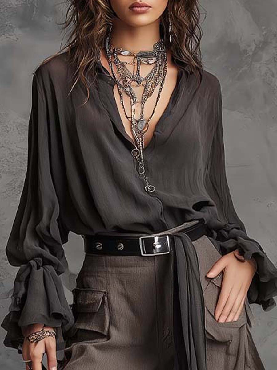 Bohemian Vintage Chiffon Blouse & Ruffled Pants