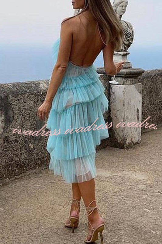 Best Days Patchwork Tulle Sheer Halterneck Pleated Midi Dress