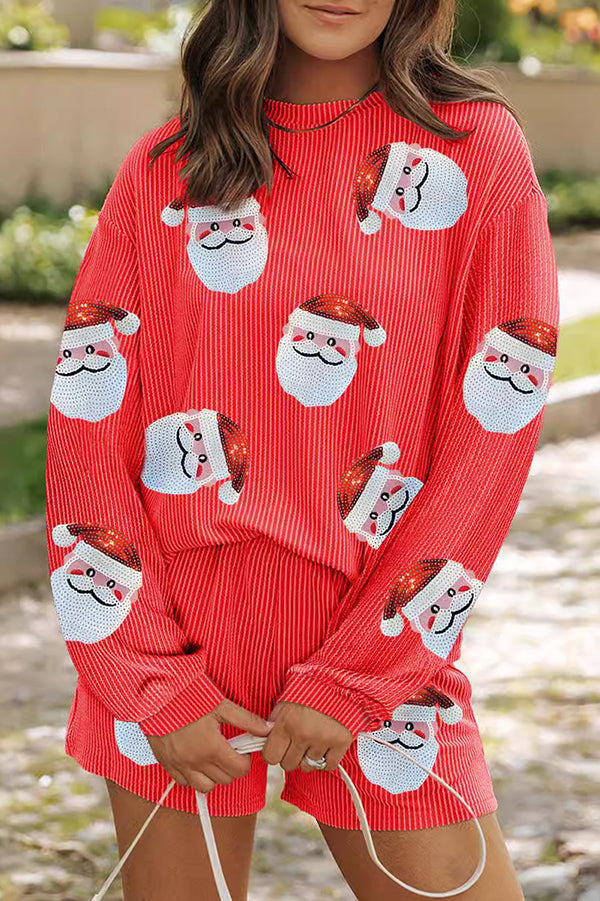 Conjunto de top holgado de manga larga con lentejuelas navideñas y pantalones cortos casuales con cintura elástica 