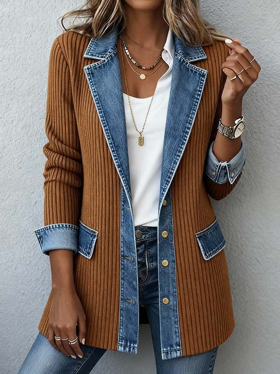 Daily Knitted Black Turndown Collar Long Sleeve Contrast Casual Button Denim Cardigans