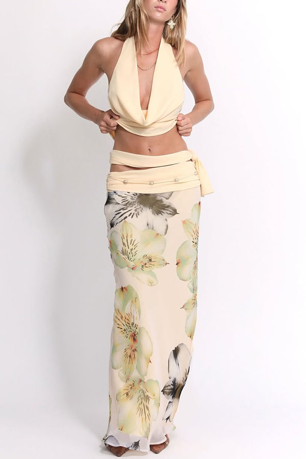 Beautiful Statement Cowl Neck Halter Tank and Floral Ruched Waist Slit Maxi Skirt Set