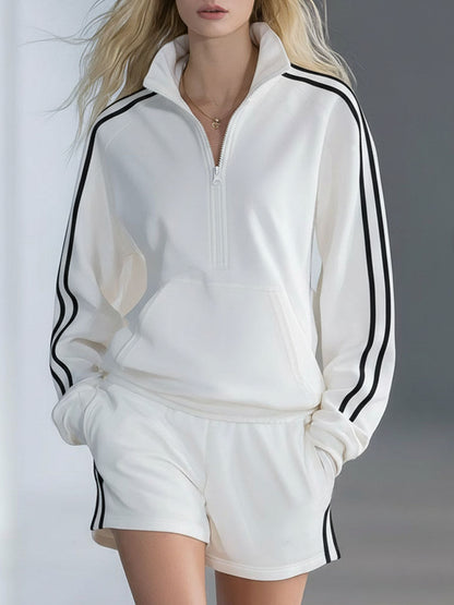 Stand-collar Zip-up Color-blocked Long-sleeved Top And Shorts Set