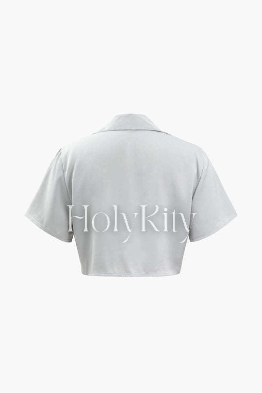 V-neck Satin Short Sleeve Blouse