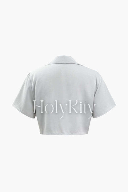 V-neck Satin Short Sleeve Blouse