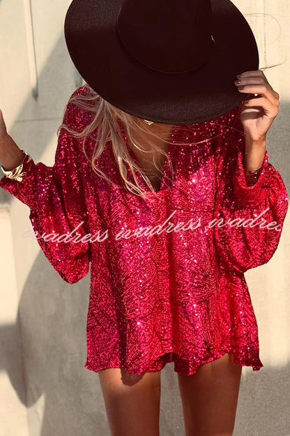 Fashion Sequin V-neck Long Sleeve Loose Top and Elastic Waist Casual Shorts Set
