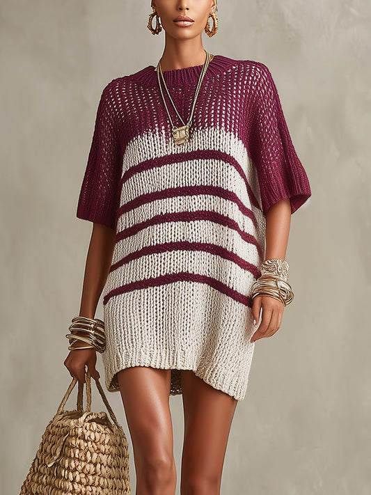 Purple And White Striped Chunky Knit Mini Sweater Dress