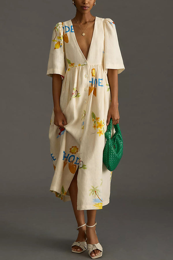 Vestido midi holgado con mangas abullonadas y botones, estampado único, de mezcla de lino de verano acogedor 