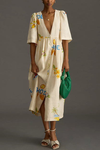 Vestido midi holgado con mangas abullonadas y botones, estampado único, de mezcla de lino de verano acogedor 