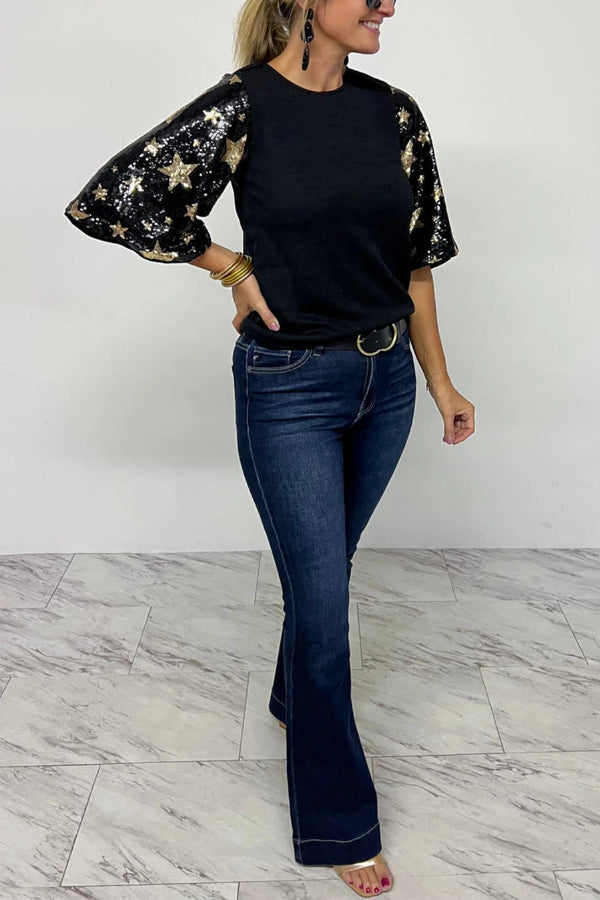 Black Star Sequin Patched Half Sleeve Blouse