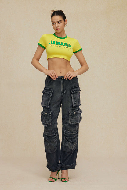 Jamaica "One Love" Yellow Graphic Crop Top