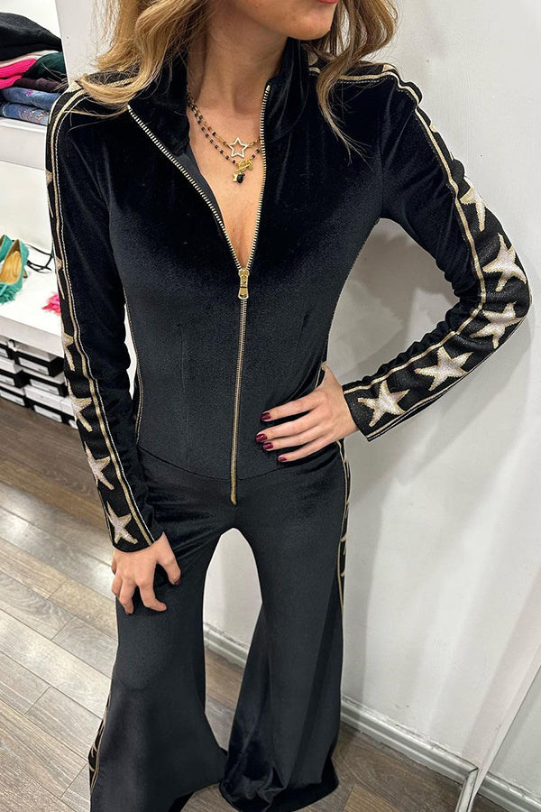 Star-print Velvet Patchwork Zipped Wide-leg Jumpsuit(ONE SIZE DOWN)