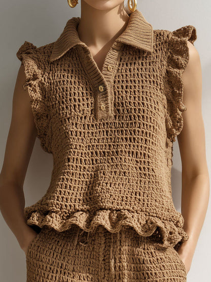 Camel Crochet Ruffle Knit Sleeveless Polo Top Drawstring Shorts Set