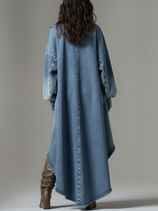 sheenchic Festival Blue V Neck Lantern Sleeve Long Sleeve High Low Hem Casual Denim Mini Dresses