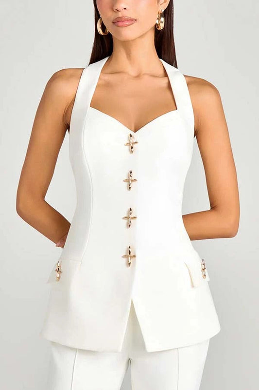 Women Power Metal Cross Snap Button Sweetheart Neck Wide Strap Vest