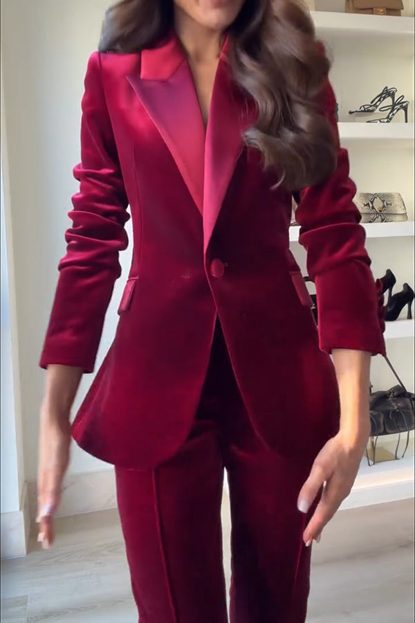 Delicate Daze Velvet Satin Lapel Button Up Long Sleeve Tapered Waist Blazer