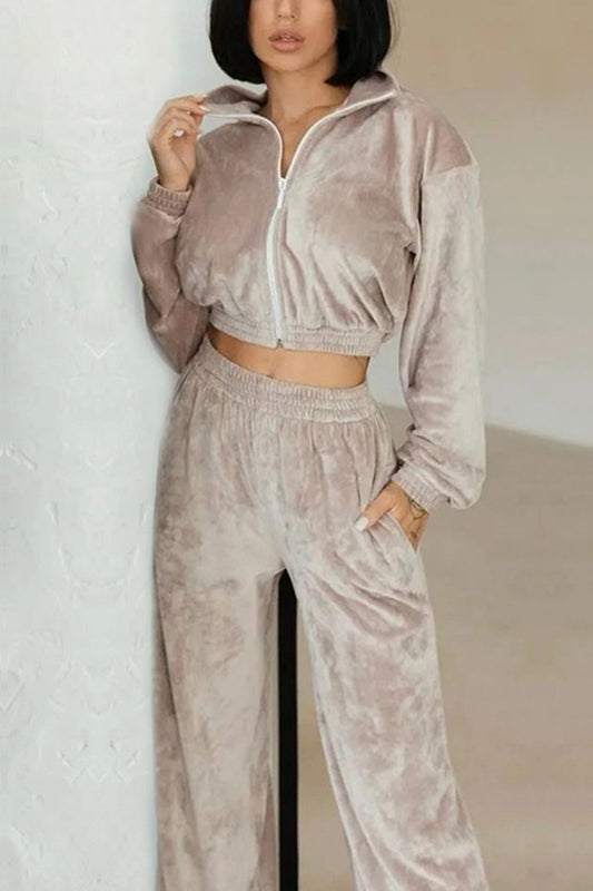Solid Color Velvet Long-sleeved Zip-up Sweatshirt and Elastic Waist Casual Pocket Straight-leg Pants Set