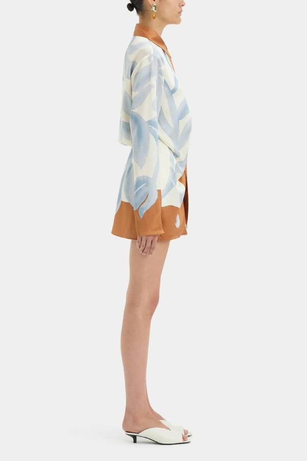 Lake Days Satin Colorblock Unique Print Tie-up Shirt Mini Dress