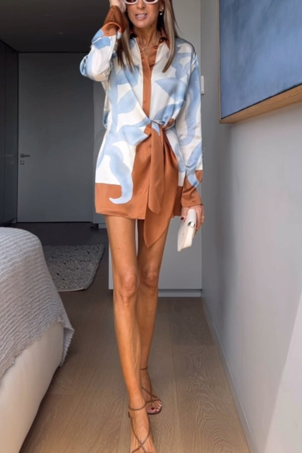 Vestido camisero corto con lazo y estampado único en bloques de color de satén de Lake Days 