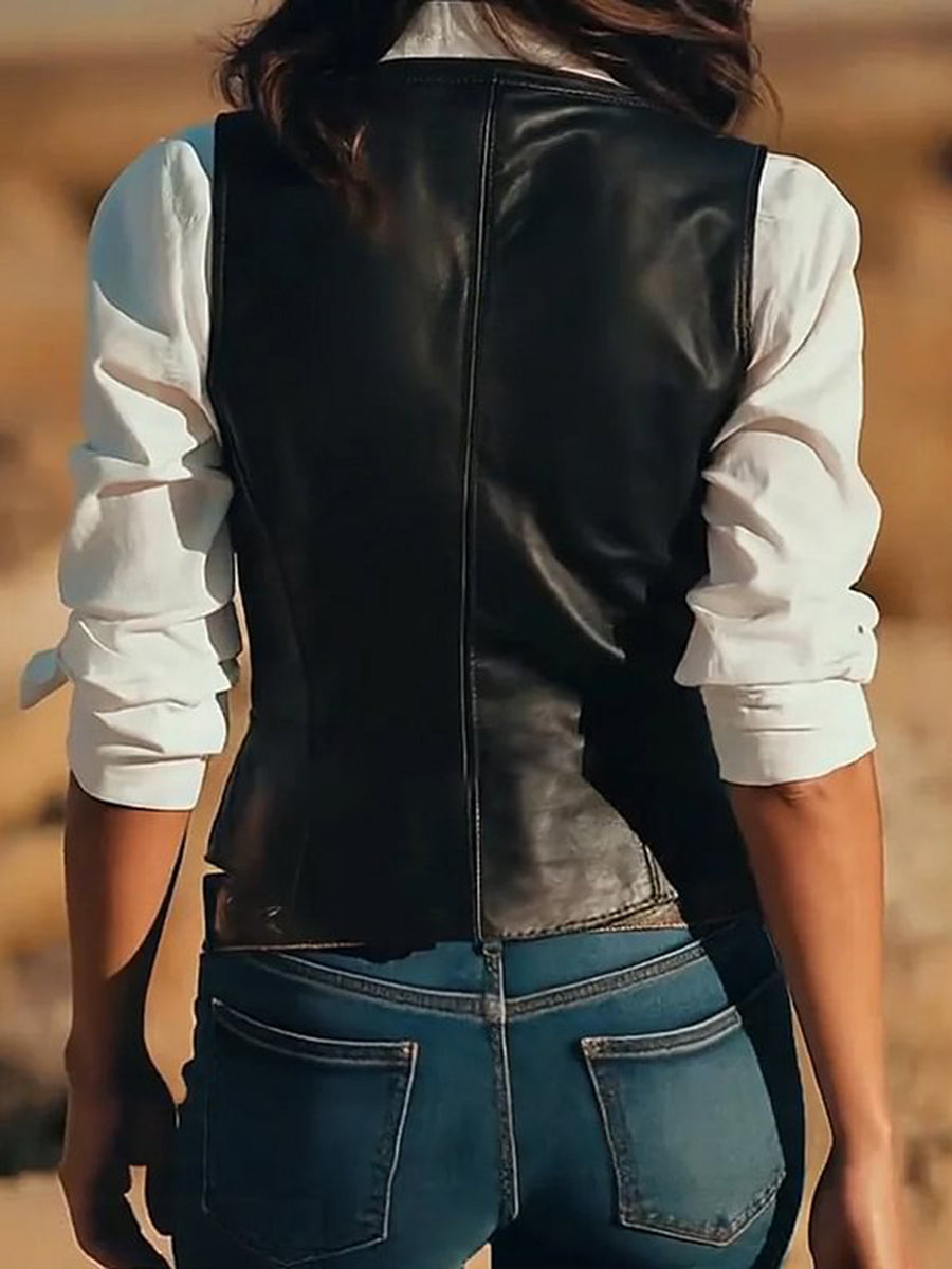 sheenchic Western PU Leather Gold Floral Pattern Single Breasted Vest