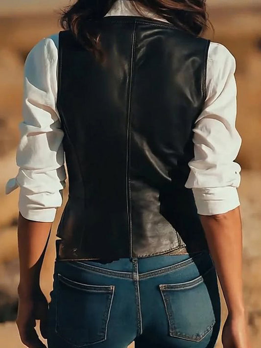 sheenchic Western PU Leather Gold Floral Pattern Single Breasted Vest