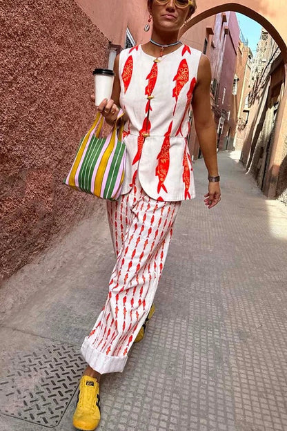 Chaleco de lino con botones metálicos y estampado de koi de buena suerte