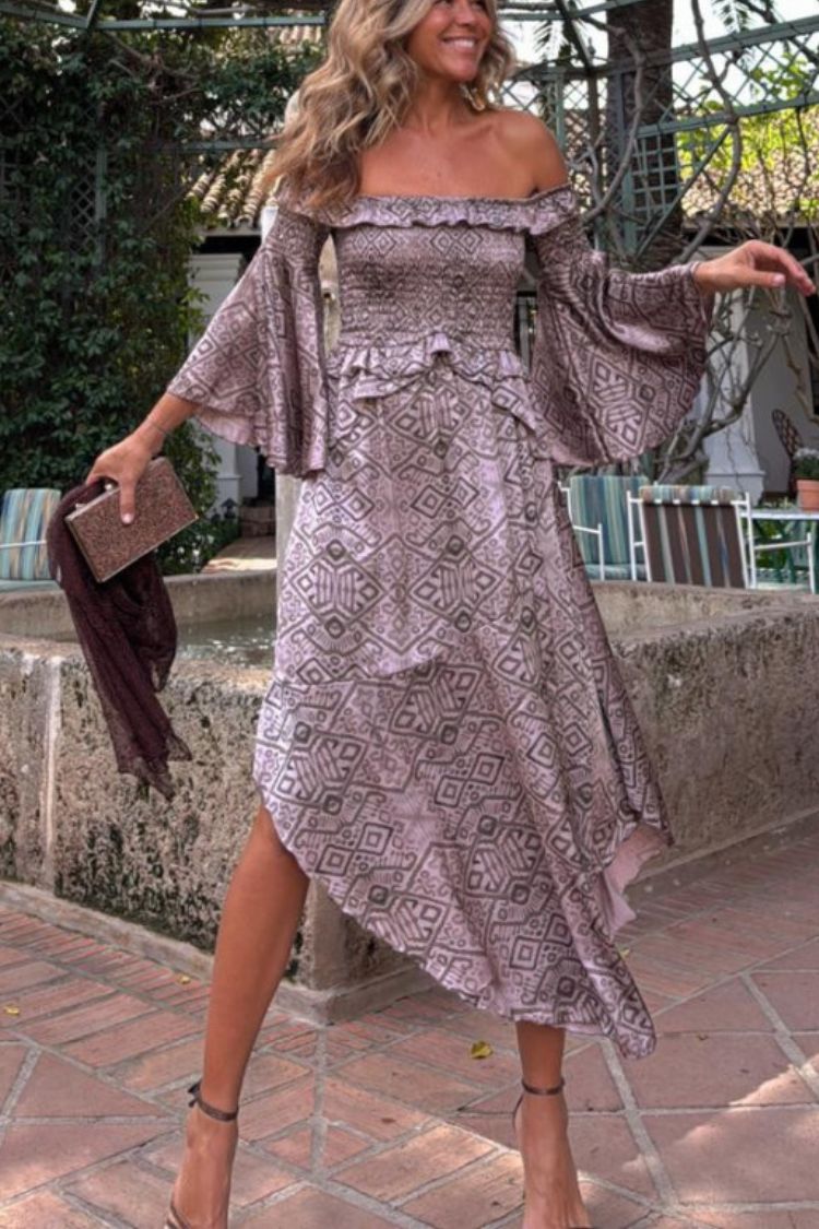 Carlie Printed Off Shoulder Smocked Ruffles Bell Sleeve Midi Dress