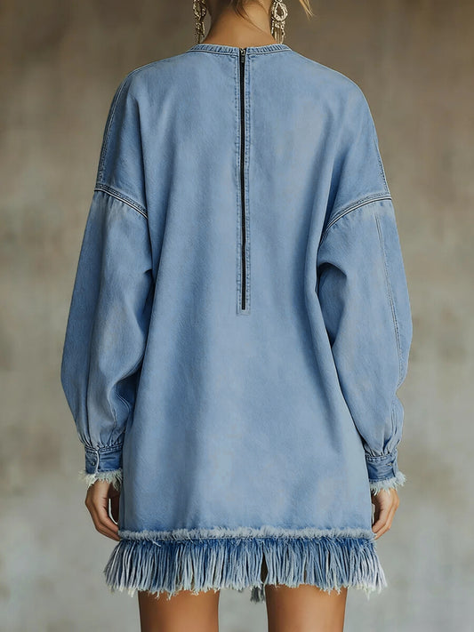 sheenchic Daily Blue Round Neck Long Sleeve Strappy Casual Trimmings Denim Mini Dresses