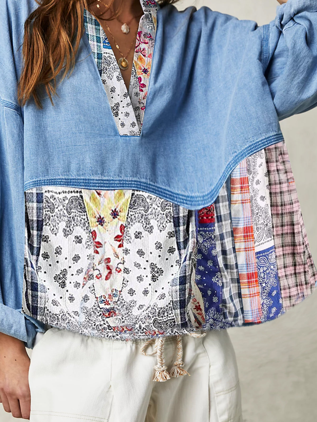 sheenchic Casual Denim Patchwork Half Placket Loose Blouse