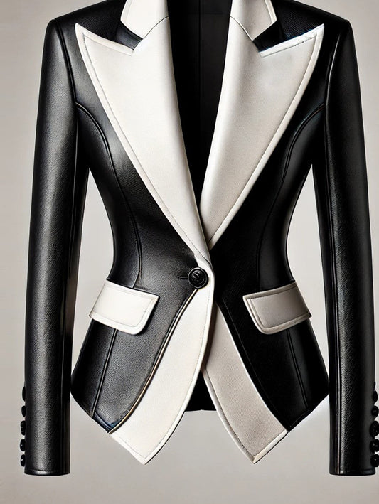 sheenchic Formal Contrast Color Peaked Lapel PU Leather Blazer