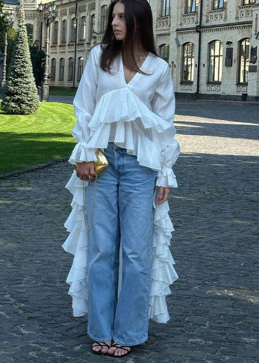 Cascade Drama - Long Ruffle High-Low Blouse