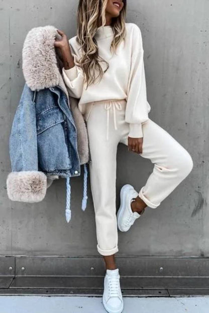 Casual Solid Color High Collar Pencil Pants Suits
