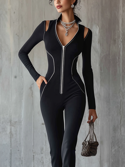 Black Zip-Front Cutout Shoulder Bodycon Jumpsuit