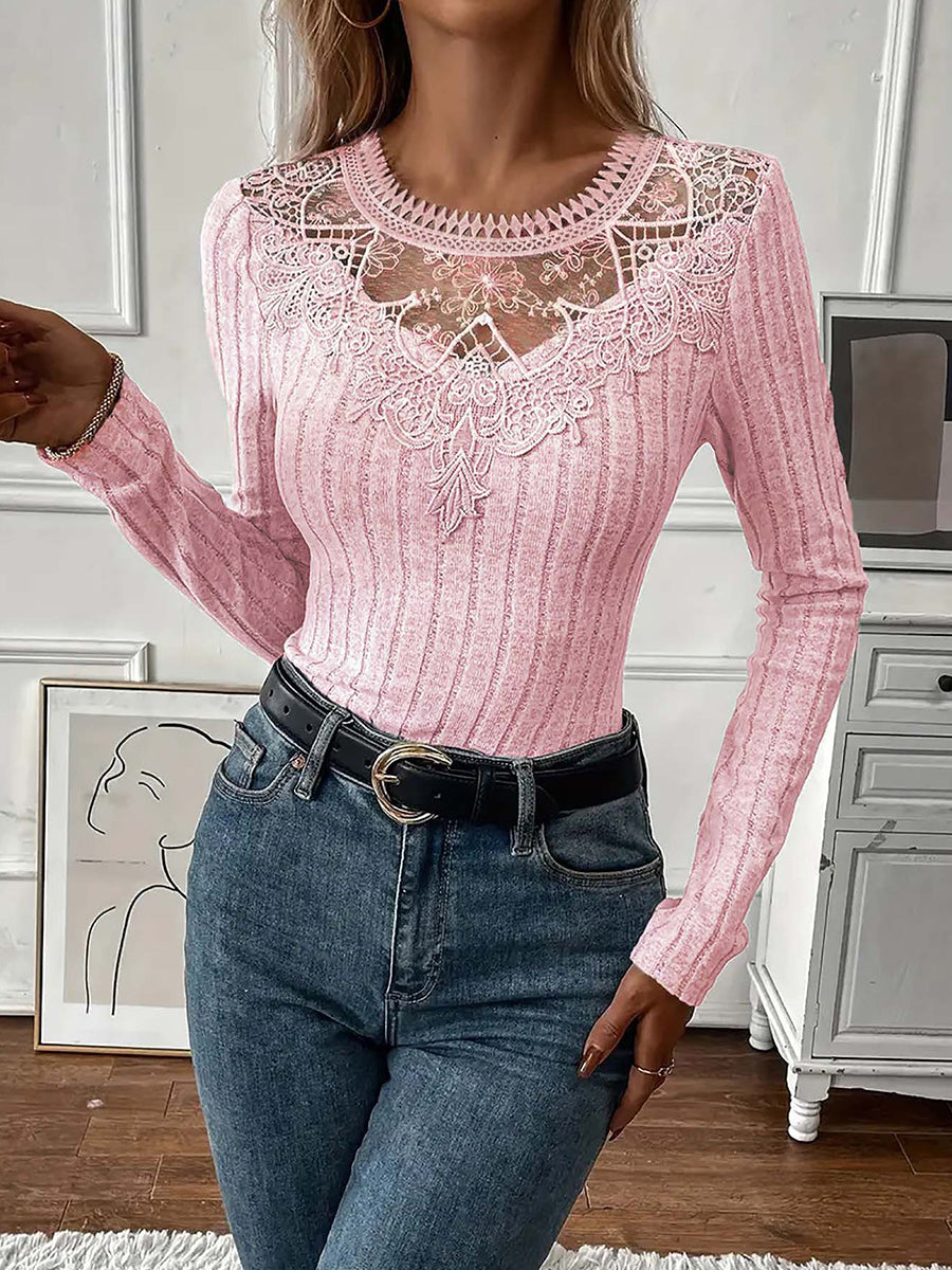 Valentines Grey Round Neck Long Sleeve Cut Out Casual Contrast Lace Blouses