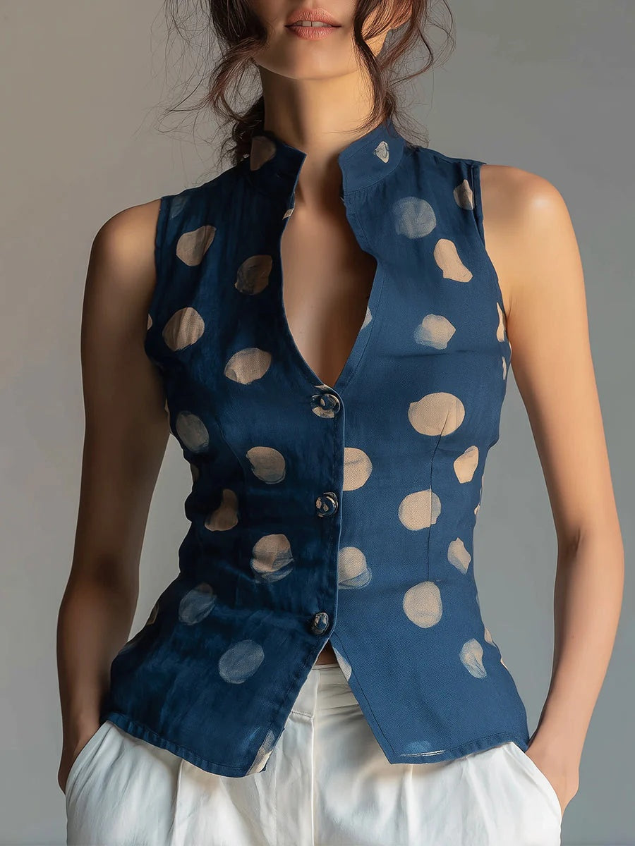 sheenchic Vacation Navy Blue Polka Dot Casual Vest [Pre-Order]