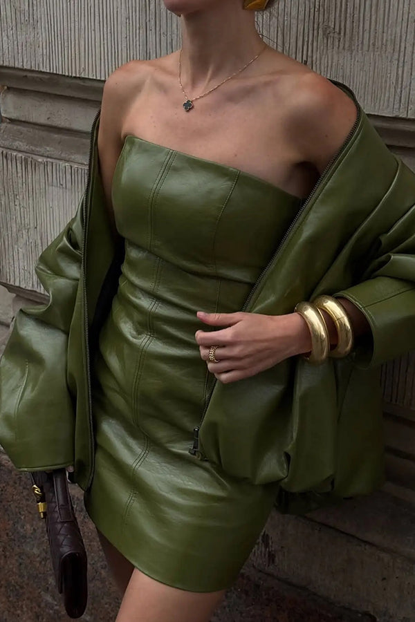 Sexy Tube Top Back Zipper Slim Leather Mini Dress