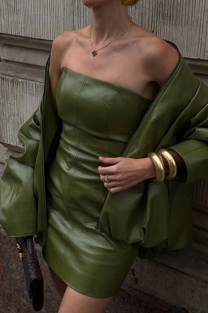 Sexy Tube Top Back Zipper Slim Leather Mini Dress