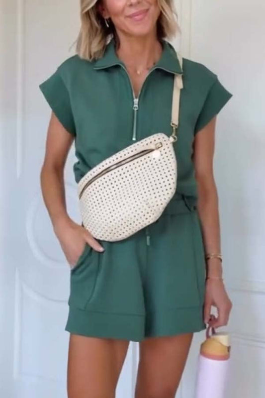 Buttery Touch Half-Zip Short Sleeve Sweatshirt and Elastic Waist Pocket Casual Shorts Set