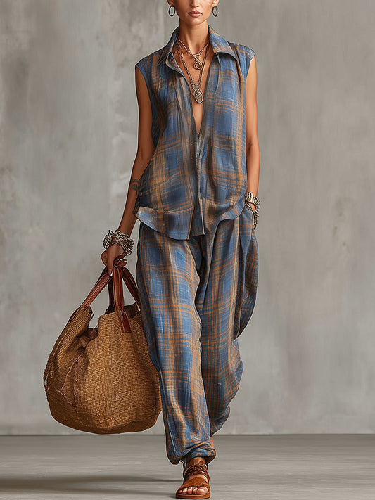 Blue And Brown Plaid Sleeveless Linen Two-Piece Set