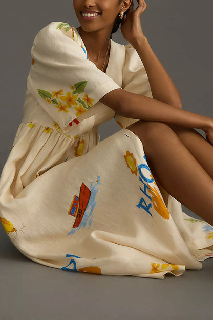 Vestido midi holgado con mangas abullonadas y botones, estampado único, de mezcla de lino de verano acogedor 