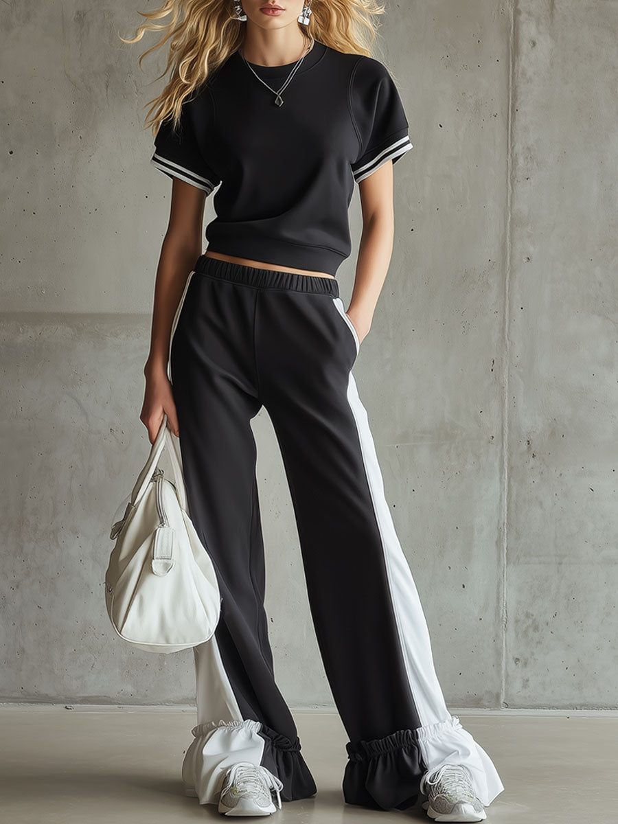 Retro Sporty Black And White Sleeveless Sweatshirt And Ruffled Pants Set