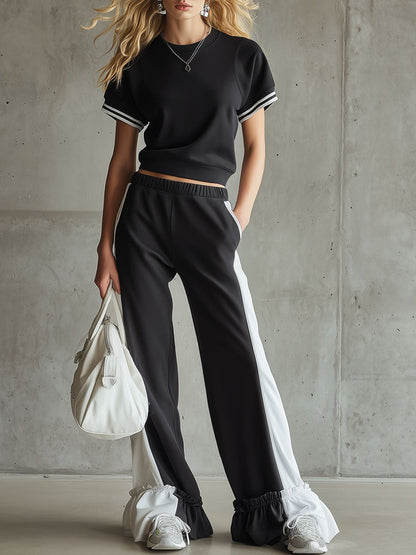 Retro Sporty Black And White Sleeveless Sweatshirt And Ruffled Pants Set