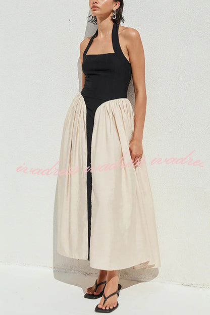 Fashion Contrast Color Stitching Sleeveless Backless Slim Maxi Dress